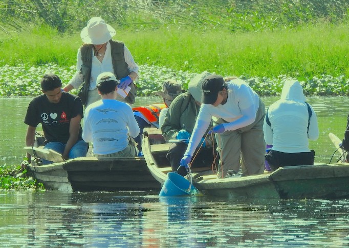 Grupo de personas en un bote en un ecosistema acuático, realizando actividades de investigación o conservación en un entorno natural.