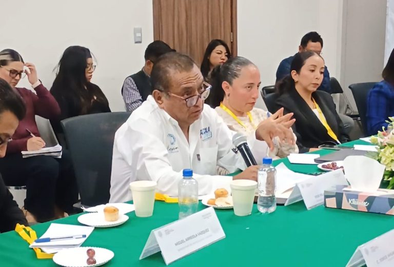 Persona en una reunión formal discutiendo temas importantes, rodeada de asistentes atentos en un entorno de oficina.
