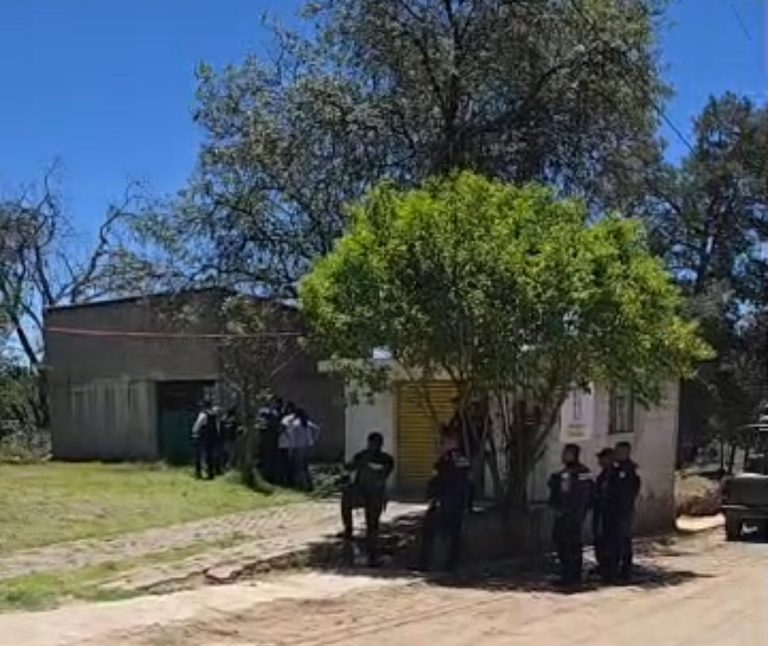 Grupo de personas reunidas bajo un árbol frente a una casa en un día soleado en Tlaxcala, México.