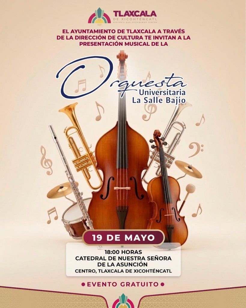 Banda de instrumentos musicales, incluyendo violín, trompeta y clarinete, promocionando un evento musical en Tlaxcala, México, con detalles del concierto y la invitación del ayuntamiento local.