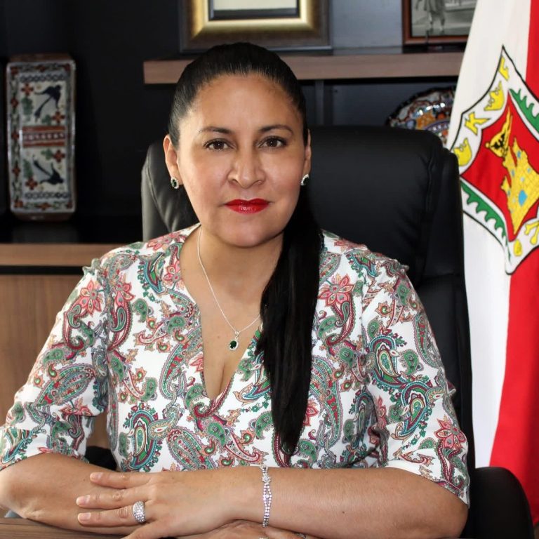 Una mujer sentada en una oficina, con bandera de Tlaxcala al fondo, luciendo una blusa con estampado colorido y expresión confiada.
