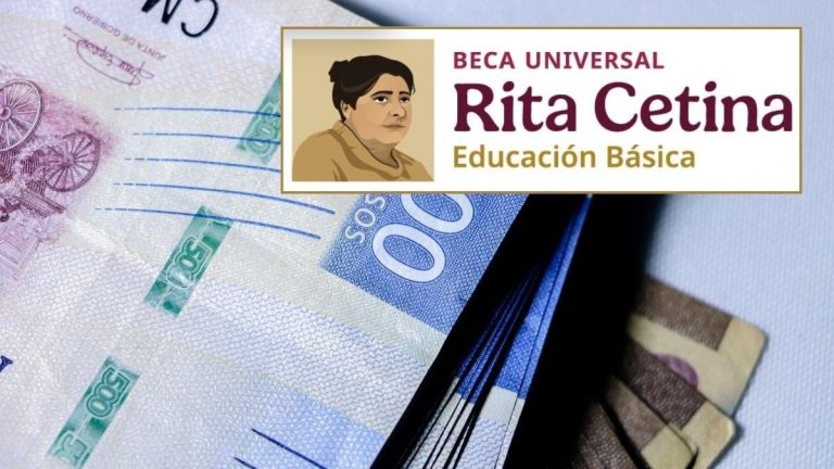 Beca universal Rita Cetina de educación básica, con billetes de diferentes denominaciones y una tarjeta en el fondo, promoviendo el acceso a la educación para estudiantes de bajos recursos en Méxi.