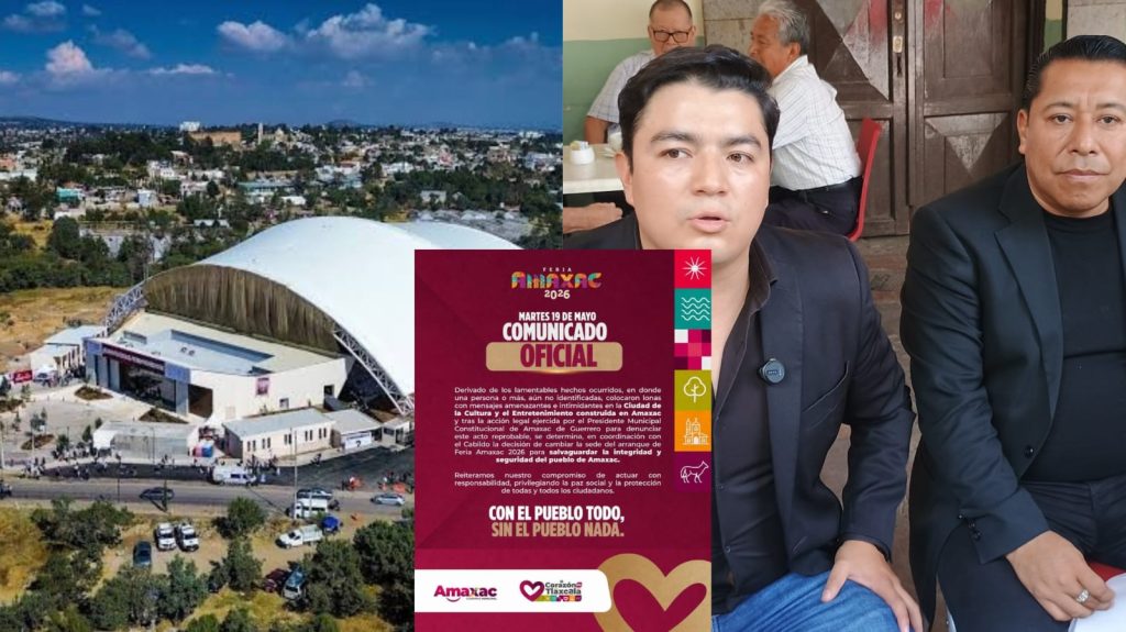 Vista aérea de un estadio cubierto en Tlaxcala, con un cartel de comunicación oficial y personas en primer plano, en un entorno urbano y natural.