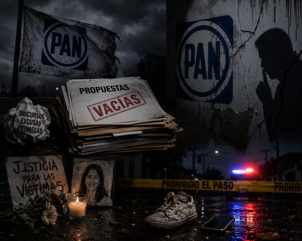 Escena de protesta con símbolos políticos y objetos relacionados con víctimas y justicia en un ambiente oscuro y lluvioso.