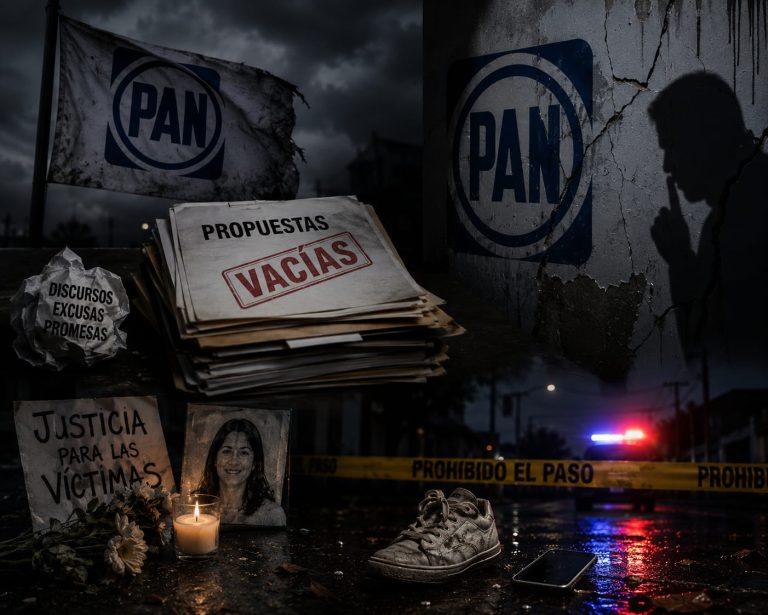 Escena de protesta con símbolos políticos y objetos relacionados con víctimas y justicia en un ambiente oscuro y lluvioso.