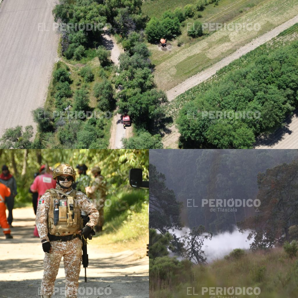 Vista aérea de un área rural con caminos, árboles y vegetación, con presencia de un vehículo y personas en la zona, en un entorno natural y agrícola en Tlaxcala, México.