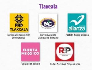 PRD, PAC, Nueva Alianza, Fuerza por México y Redes Sociales Progresistas, partidos políticos en Tlaxcala, representados por sus logotipos en una imagen colorida y moderna.