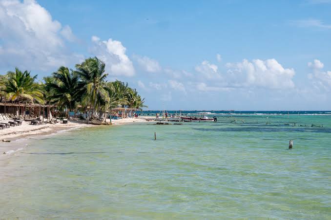 Disfruta de una playa tropical con palmeras, arena blanca y aguas cristalinas en un día soleado en Tlaxcala, México, ideal para relajarse y practicar deportes acuáticos.