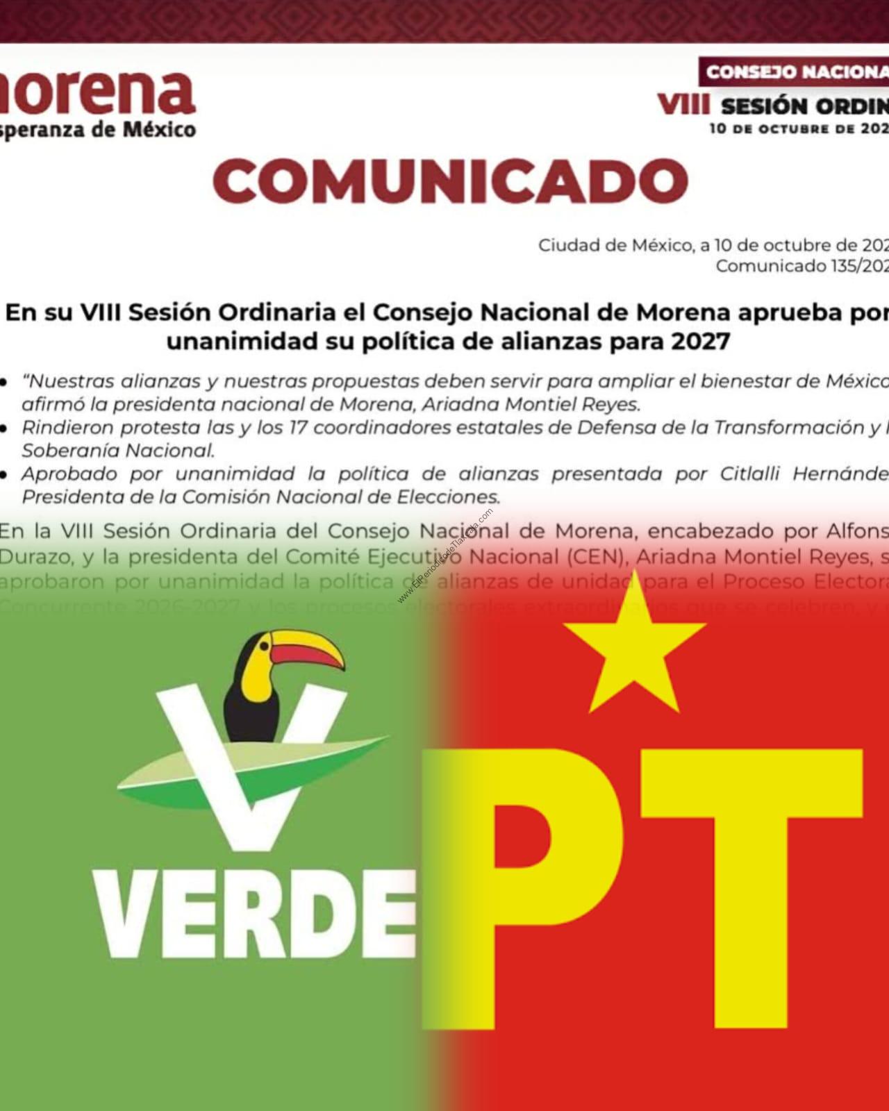 Morena llama a cerrar filas con PT y Verde rumbo a 2027; Tlaxcala pondrá a prueba la alianza